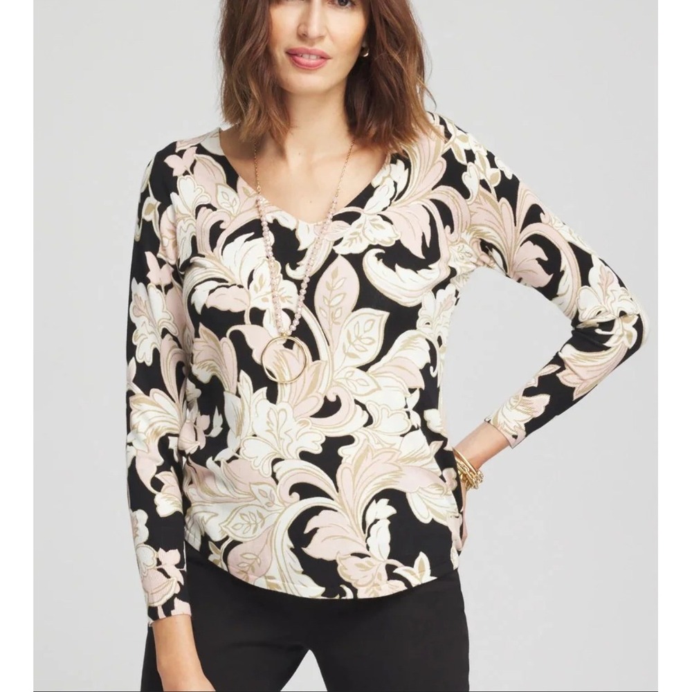 Chicos V-Neck Long Sleeve Black‎ Floral Scroll Print Sweater Womens Sz 2(L) Chic